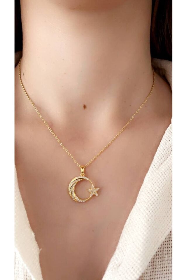 Zirkon Taşlı Ay Yıldız  Çelik Kolye 2
