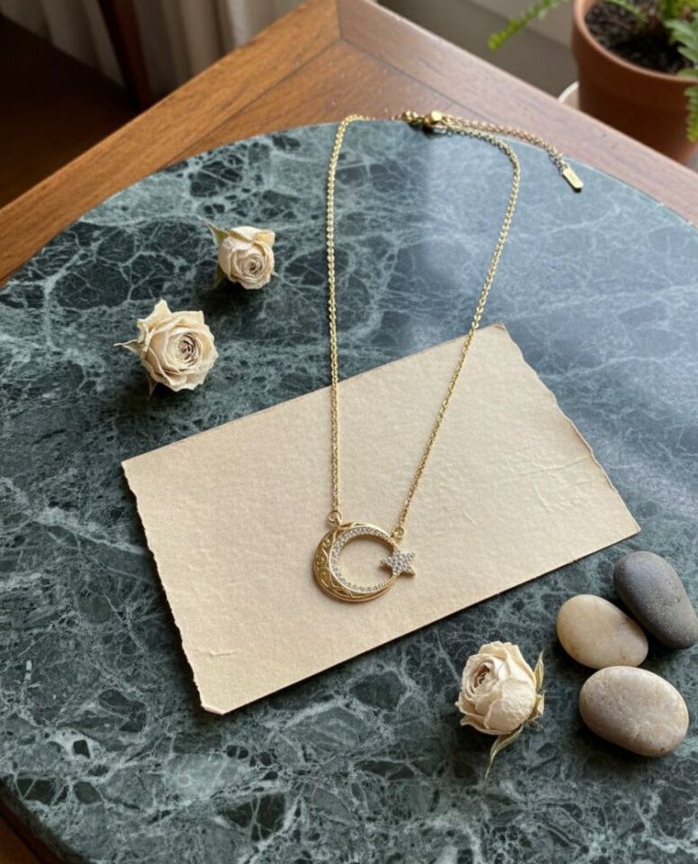 Gold Çelik İşlemeli zircon taşlı  Ay Yıldız Kolye