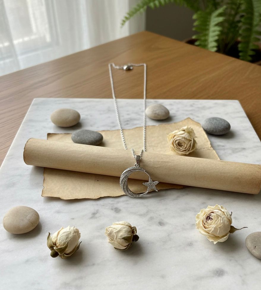 Zirkon Taşlı Gümüş Ay Yıldız Çelik Kolye