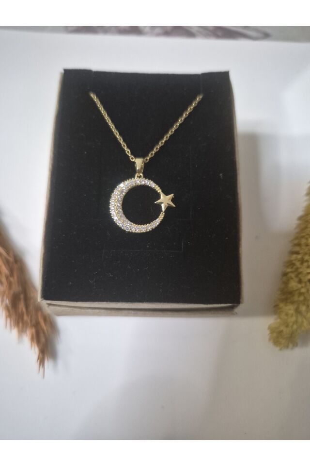 Kadın Altın Kaplama Zirkon Taşlı Minimal Ay Yıldız Kolye - Zarif Takı