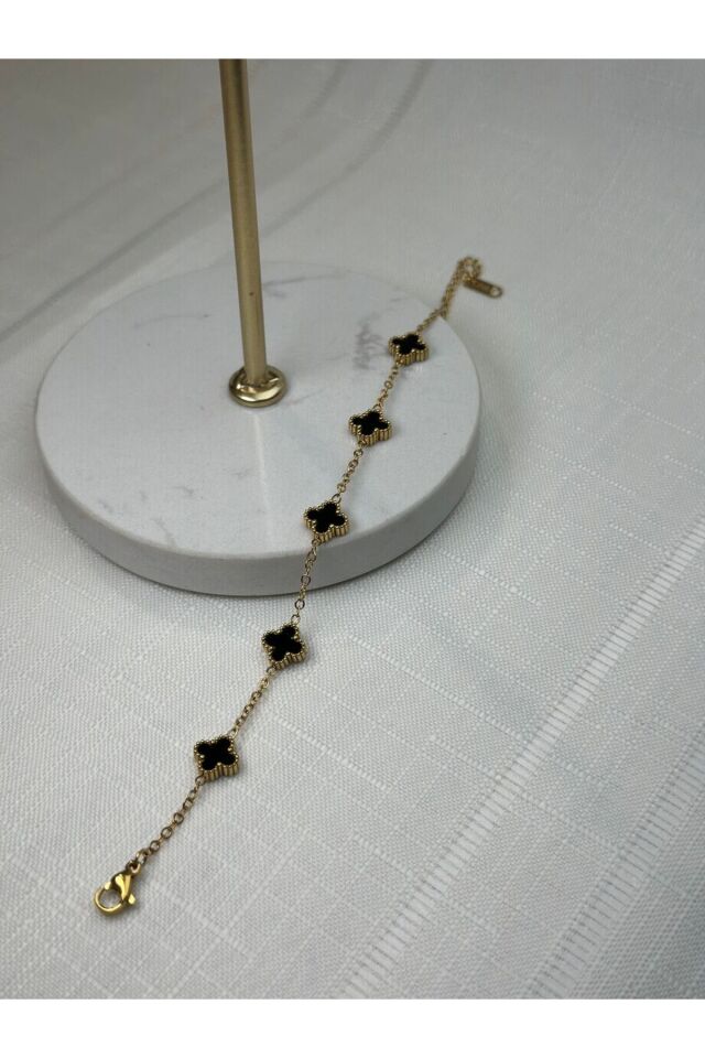 Çelik Gold Siyah Yonca Bileklik