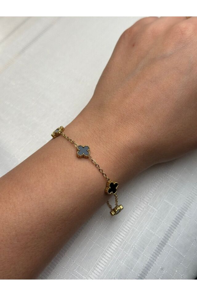 Çelik Gold Siyah Yonca Bileklik