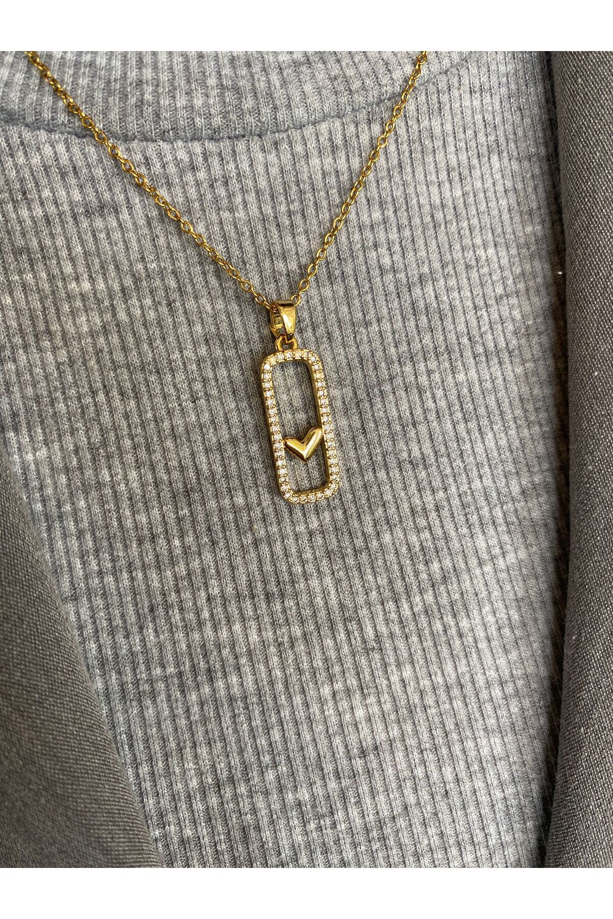 “Kadın Altın Renk Taşlı Dikdörtgen Kalp Kolye – Çelik”