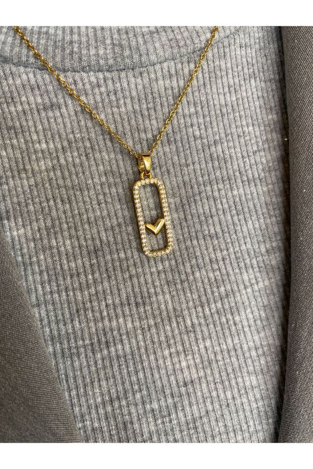 “Kadın Altın Renk Taşlı Dikdörtgen Kalp Kolye – Çelik”