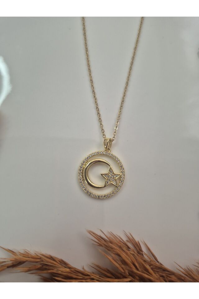Altın Renk Ay Yıldız Kolye – Zirkon Taşlı Kadın Çelik Takı | Alias