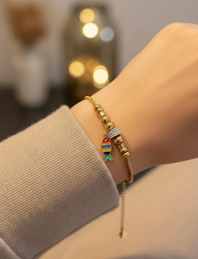 Balık Figürlü Gold Çelik Bileklik