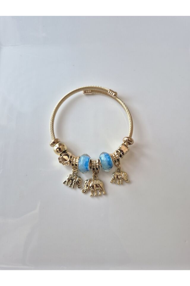 ''Altın Renk Fil Figürlü Mavi Boncuklu charm Çelik Pandora Bileklik''