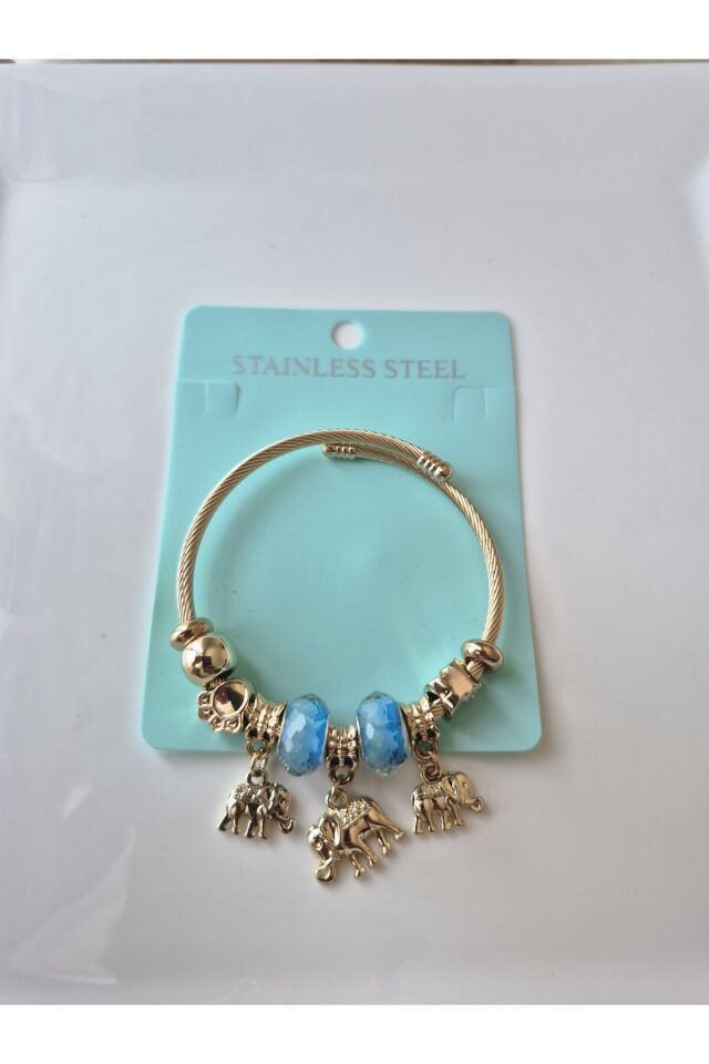 ''Altın Renk Fil Figürlü Mavi Boncuklu charm Çelik Pandora Bileklik''