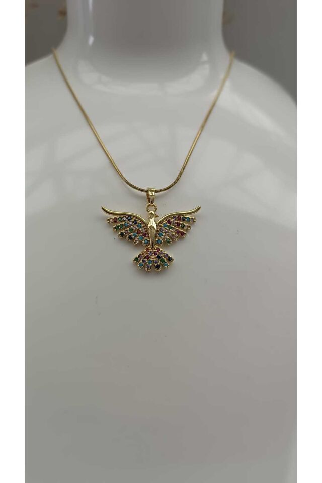 Gold Renkli Taşlı Kuş Figürlü Kolye