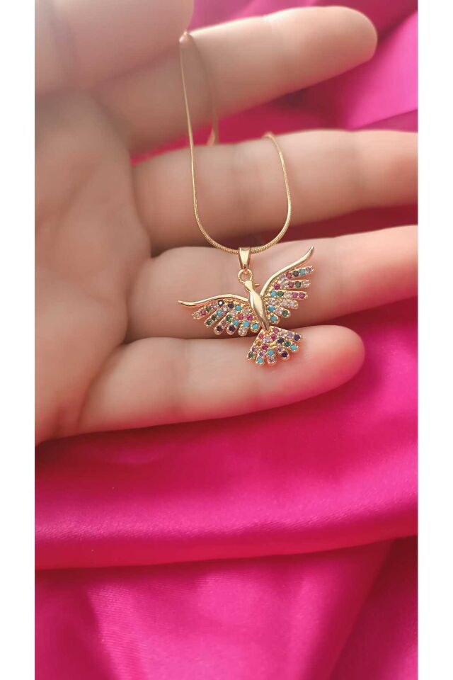 Gold Renkli Taşlı Kuş Figürlü Kolye