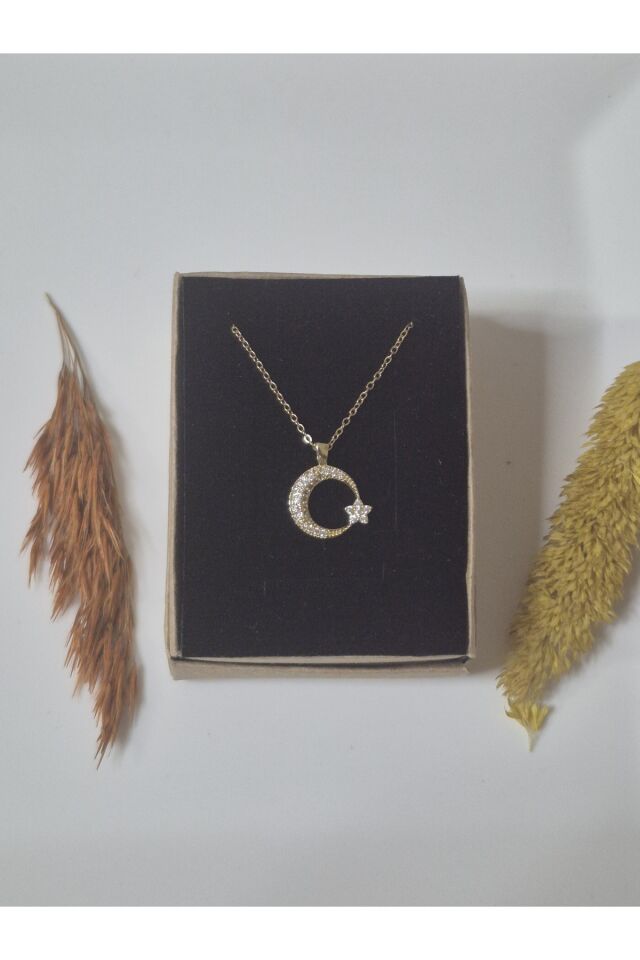 Ay Yıldız Detaylı Zirkon Taşlı Gold Kadın Çelik Kolye