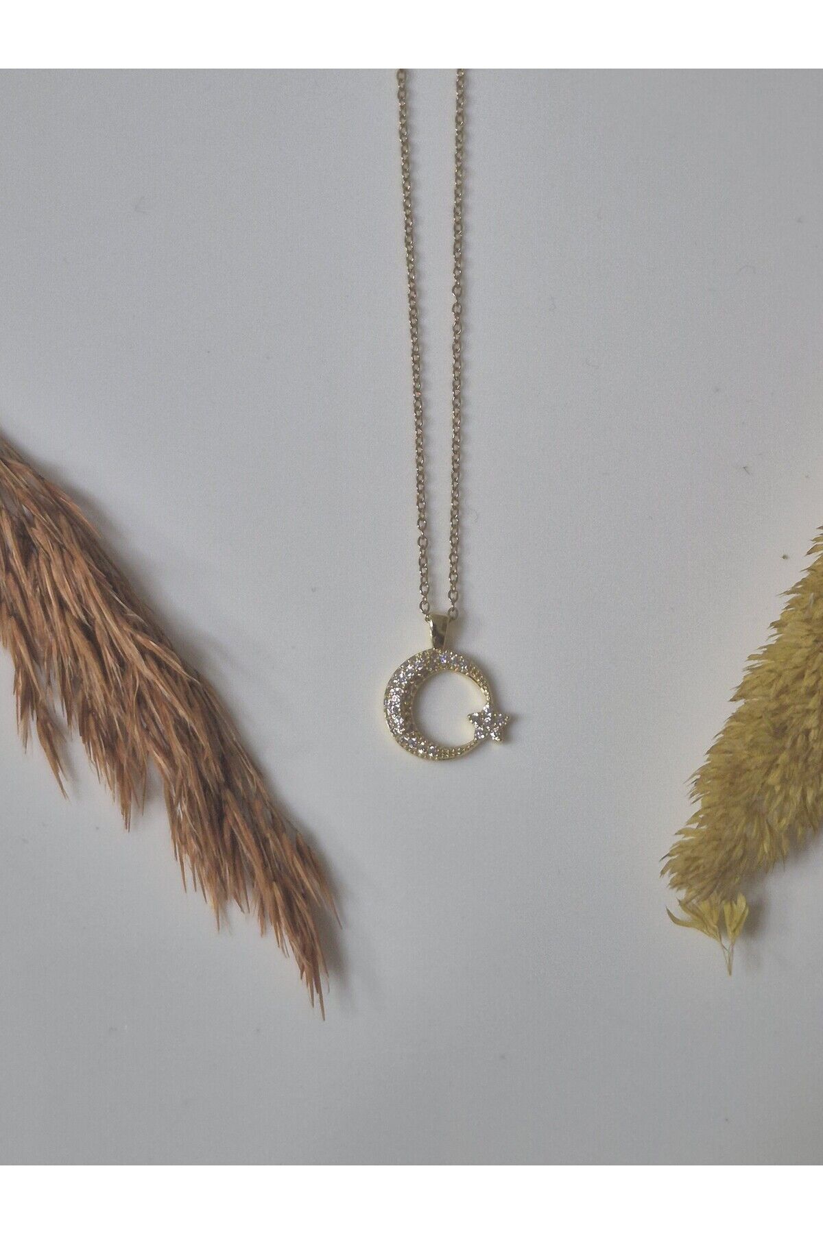 Ay Yıldız Detaylı Zirkon Taşlı Gold Kadın Çelik Kolye