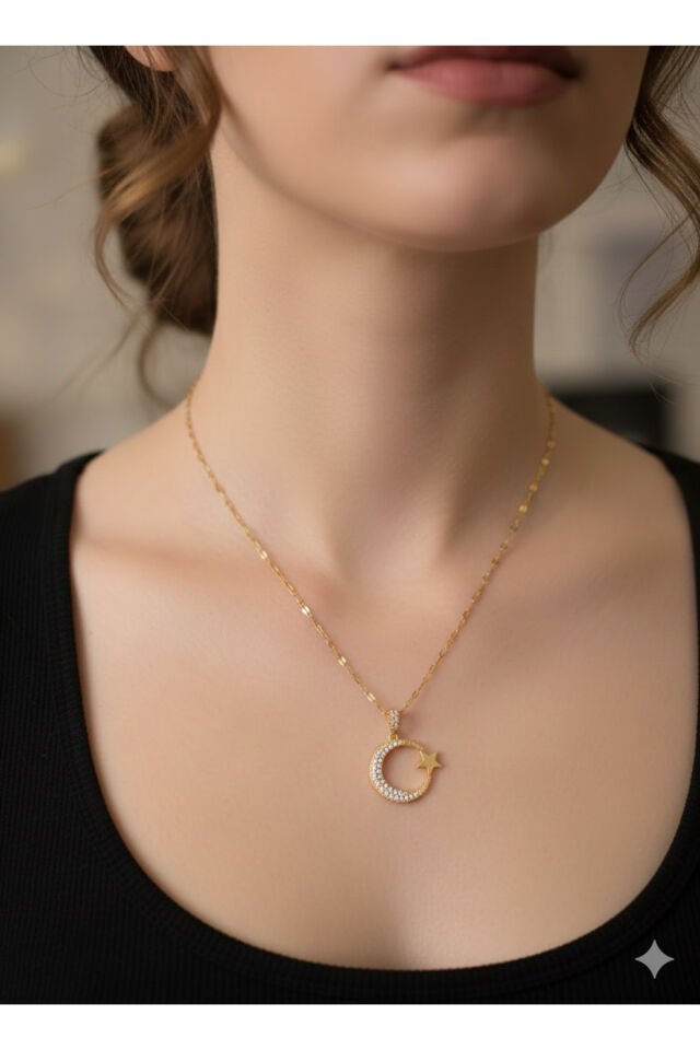 Zirkon Taşlı Ay Yıldız Kolye | Altın Renk Çelik Kadın Kolye