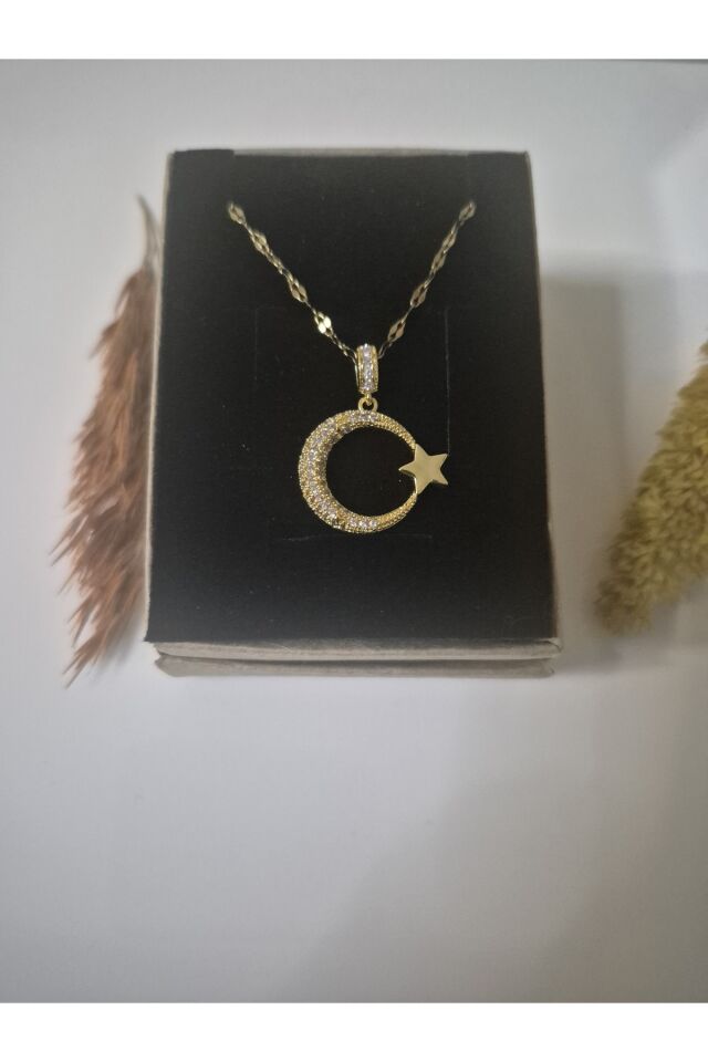Zirkon Taşlı Ay Yıldız Kolye | Altın Renk Çelik Kadın Kolye