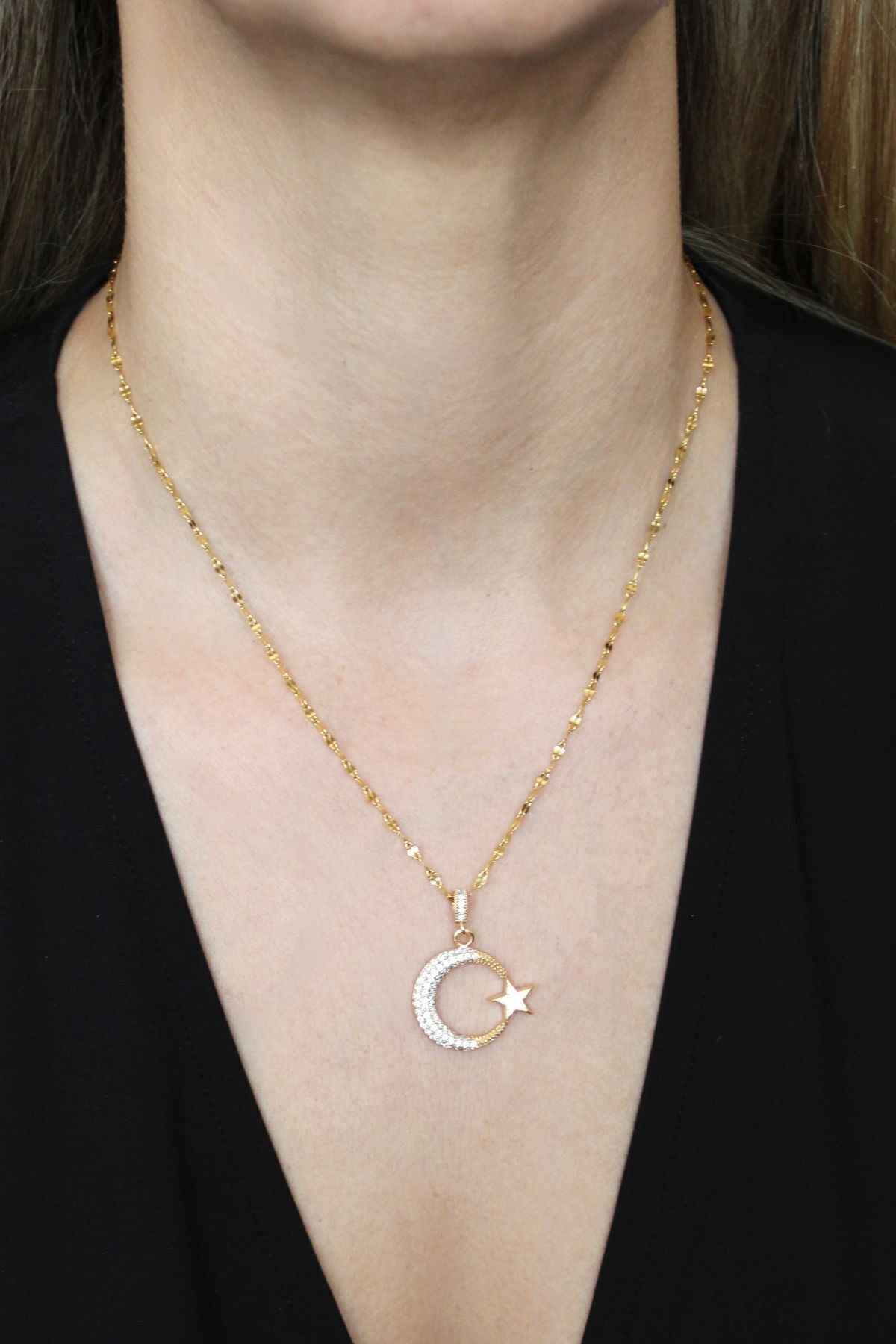 Zirkon Taşlı Ay Yıldız Kolye | Altın Renk Çelik Kadın Kolye