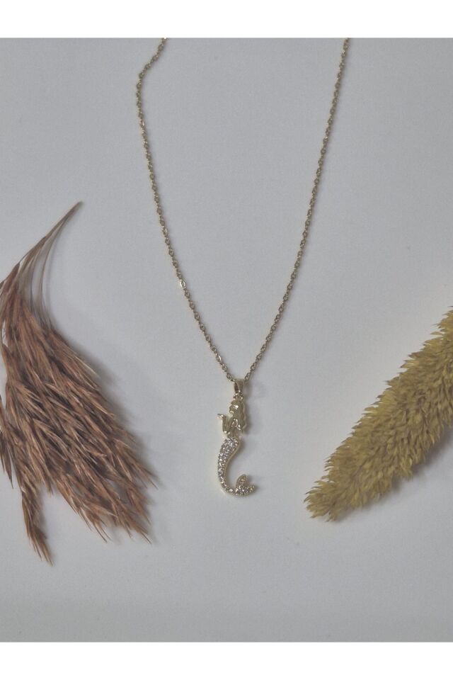 Çelik Deniz Kızı Figürlü Zirkon Taşlı Kolye