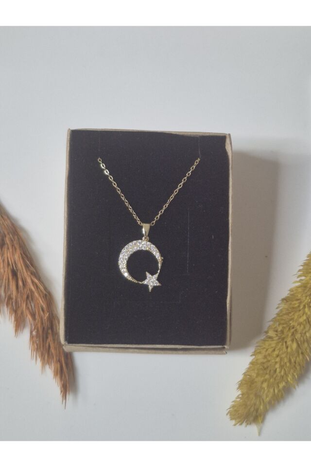 Kadın Ay Yıldız Figürlü Zirkon Taşlı Kolye - Anneye Sevgiliye Hediyelik Şık Tasarım