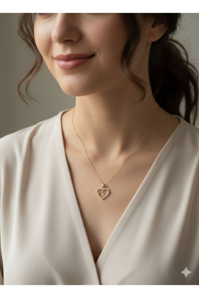 Zirkon Taşlı Kalp ve Ay Yıldız Detaylı Kolye