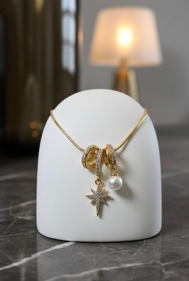 Gold Zirkon inci Detaylı Kutup Yıldızı   Kolye