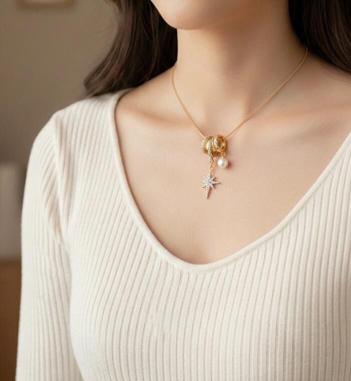 Gold Zirkon inci Detaylı Kutup Yıldızı   Kolye