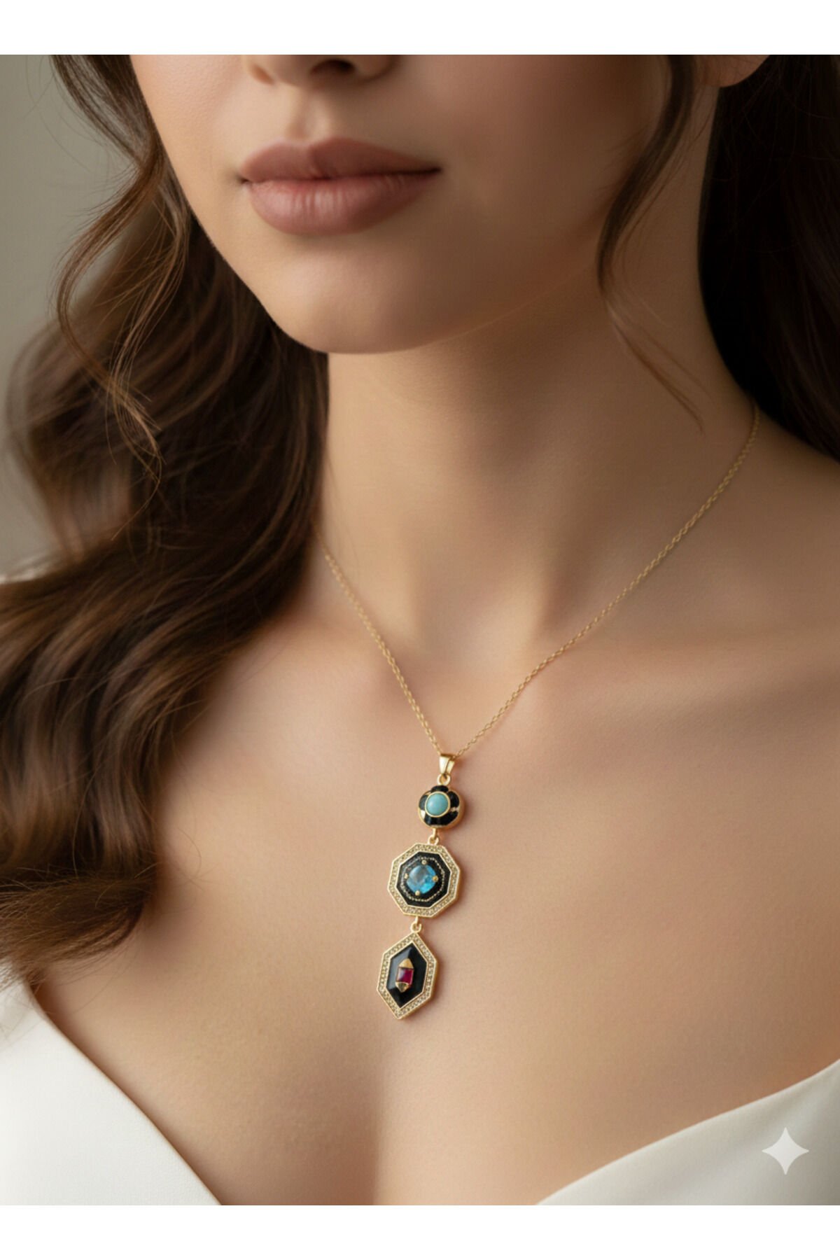 Vintage Tarz Renkli Taşlı Y Kolye