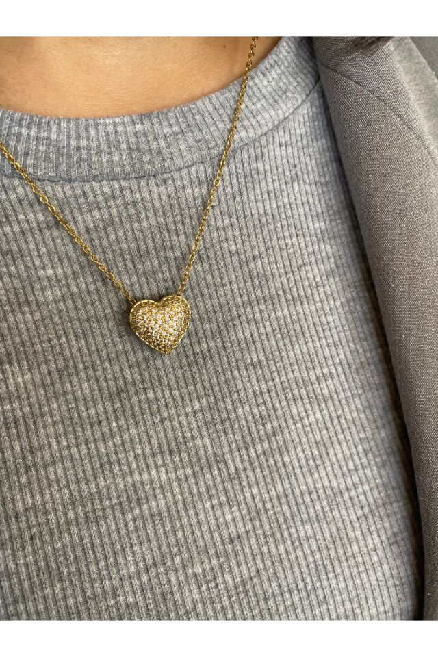 Çelik  Gold Kabartmalı kalpli kolye