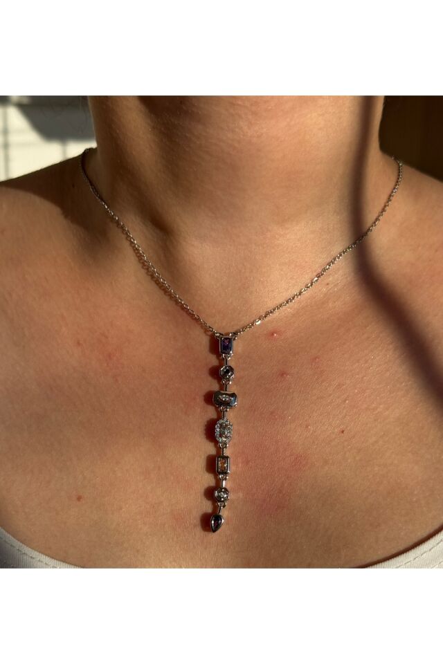 Silver 7 Taşlı  Renkli Y Kolye