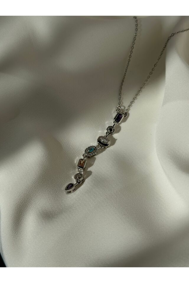 Silver 7 Taşlı  Renkli Y Kolye
