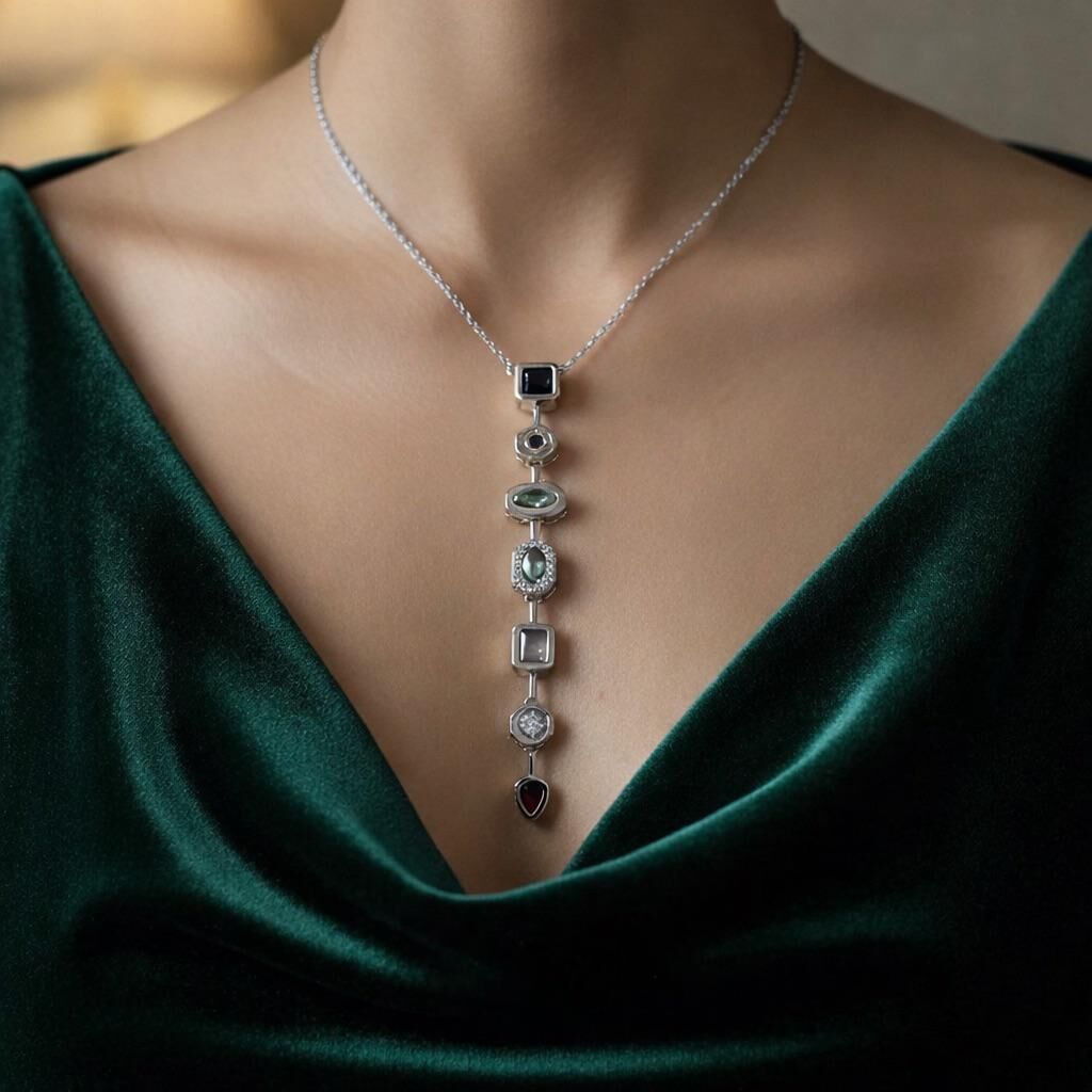 Silver 7 Taşlı  Renkli Y Kolye