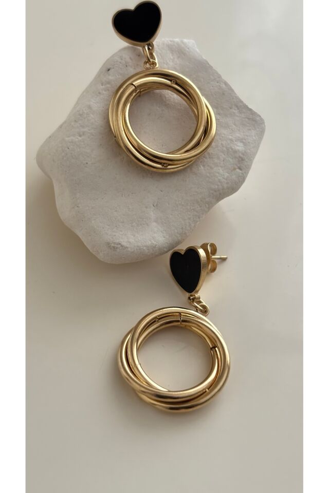 Gold Siyah Kalp  Detaylı Halka   Küpe