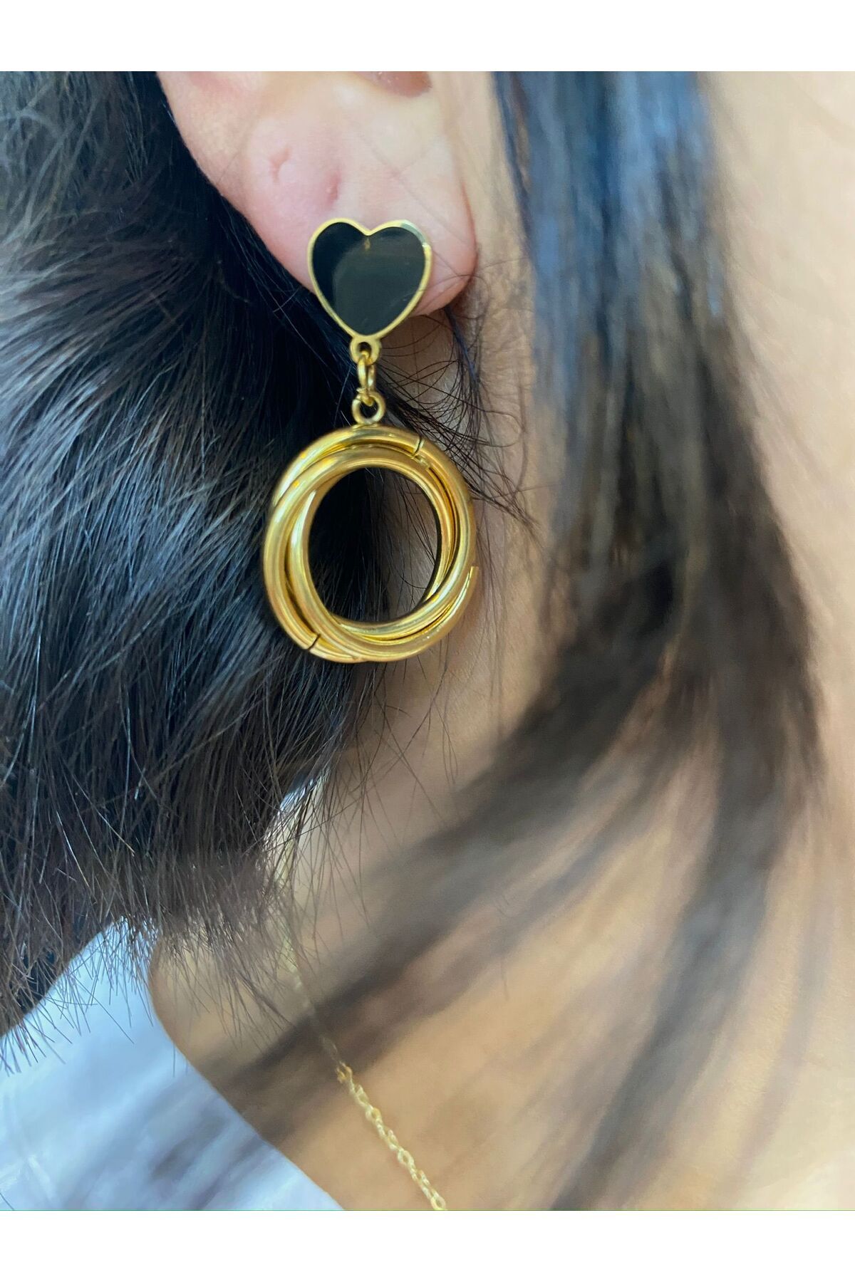 Gold Siyah Kalp  Detaylı Halka   Küpe