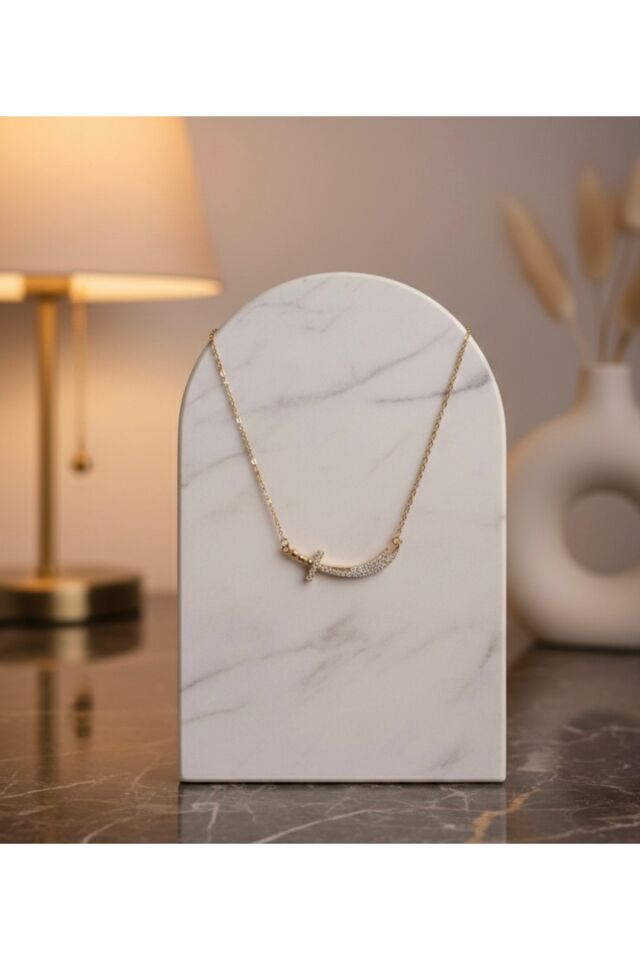 Zirkon Taşlı Gold Zülfikar Kılıç Çelik Kolye 2