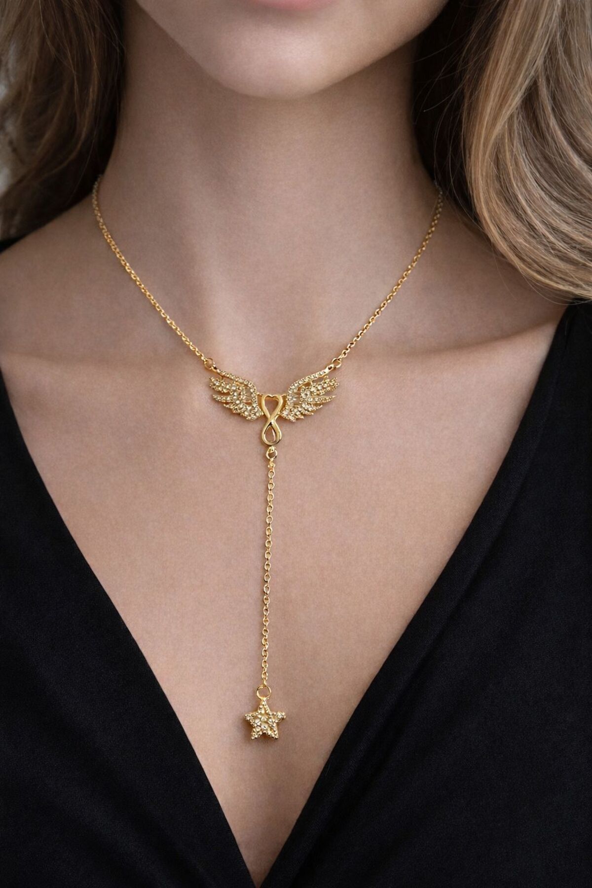 Zirkon Taşlı Melek Kanadı & Sonsuzluk Tasarımlı Y Kolye