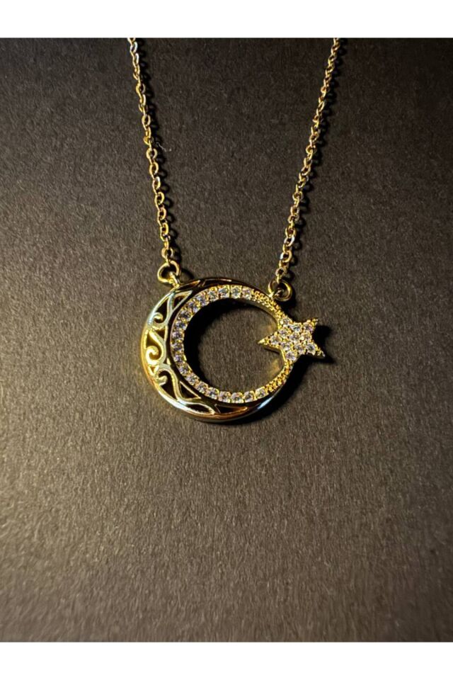 Gold Çelik İşlemeli zircon taşlı  Ay Yıldız Kolye Altın Renk - 45 Cm
