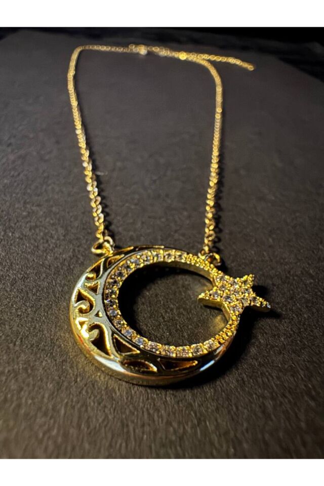 Gold Çelik İşlemeli zircon taşlı  Ay Yıldız Kolye Altın Renk - 45 Cm