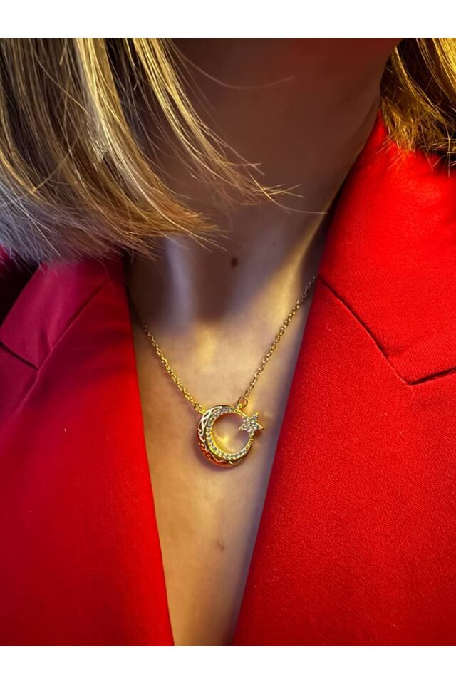 Gold Çelik İşlemeli zircon taşlı  Ay Yıldız Kolye Altın Renk - 45 Cm