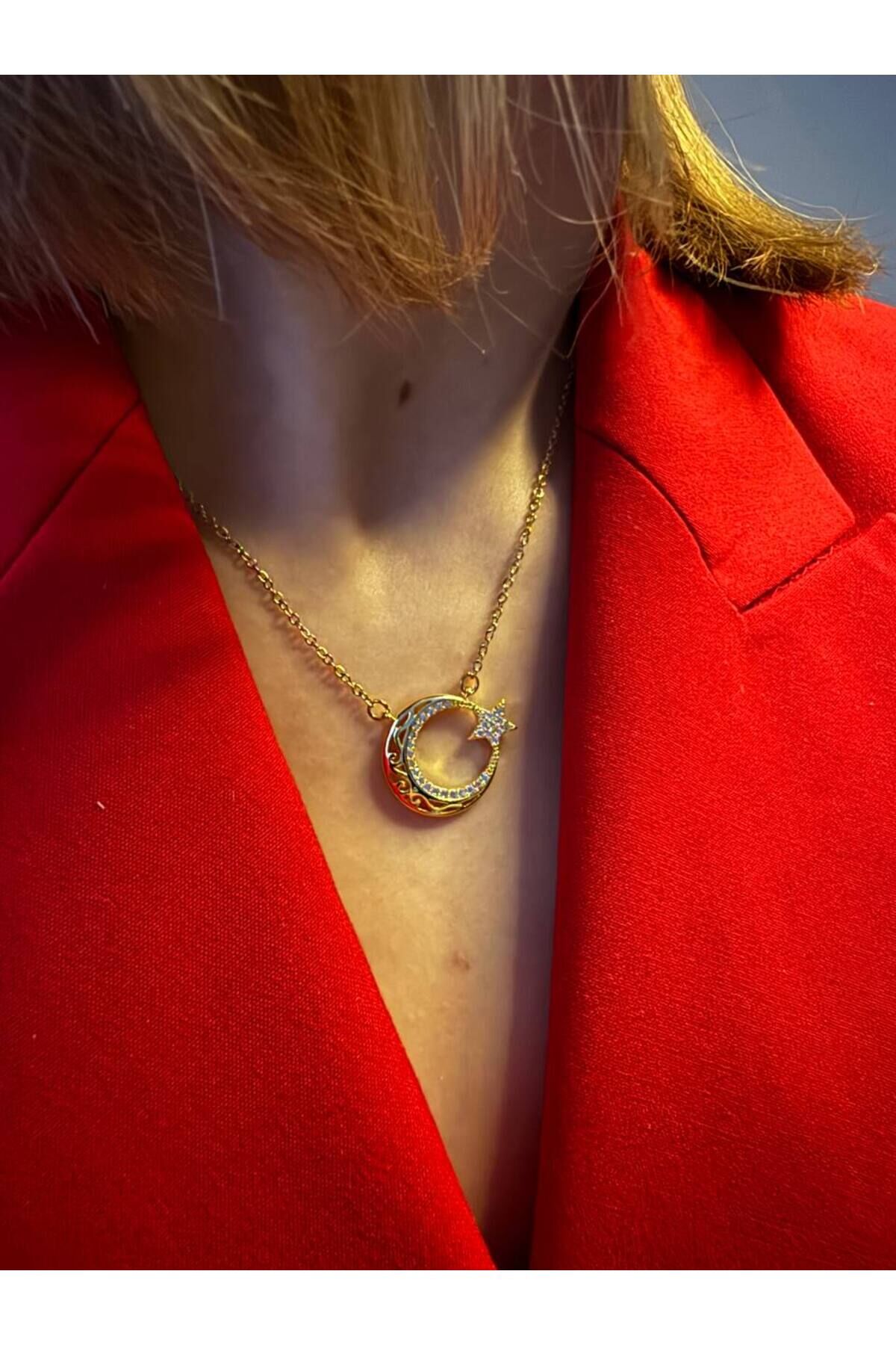Gold Çelik İşlemeli zircon taşlı  Ay Yıldız Kolye Altın Renk - 45 Cm