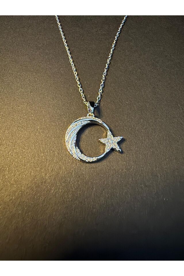 Zirkon Taşlı Gümüş Ay Yıldız Çelik Kolye Silver - 45 Cm