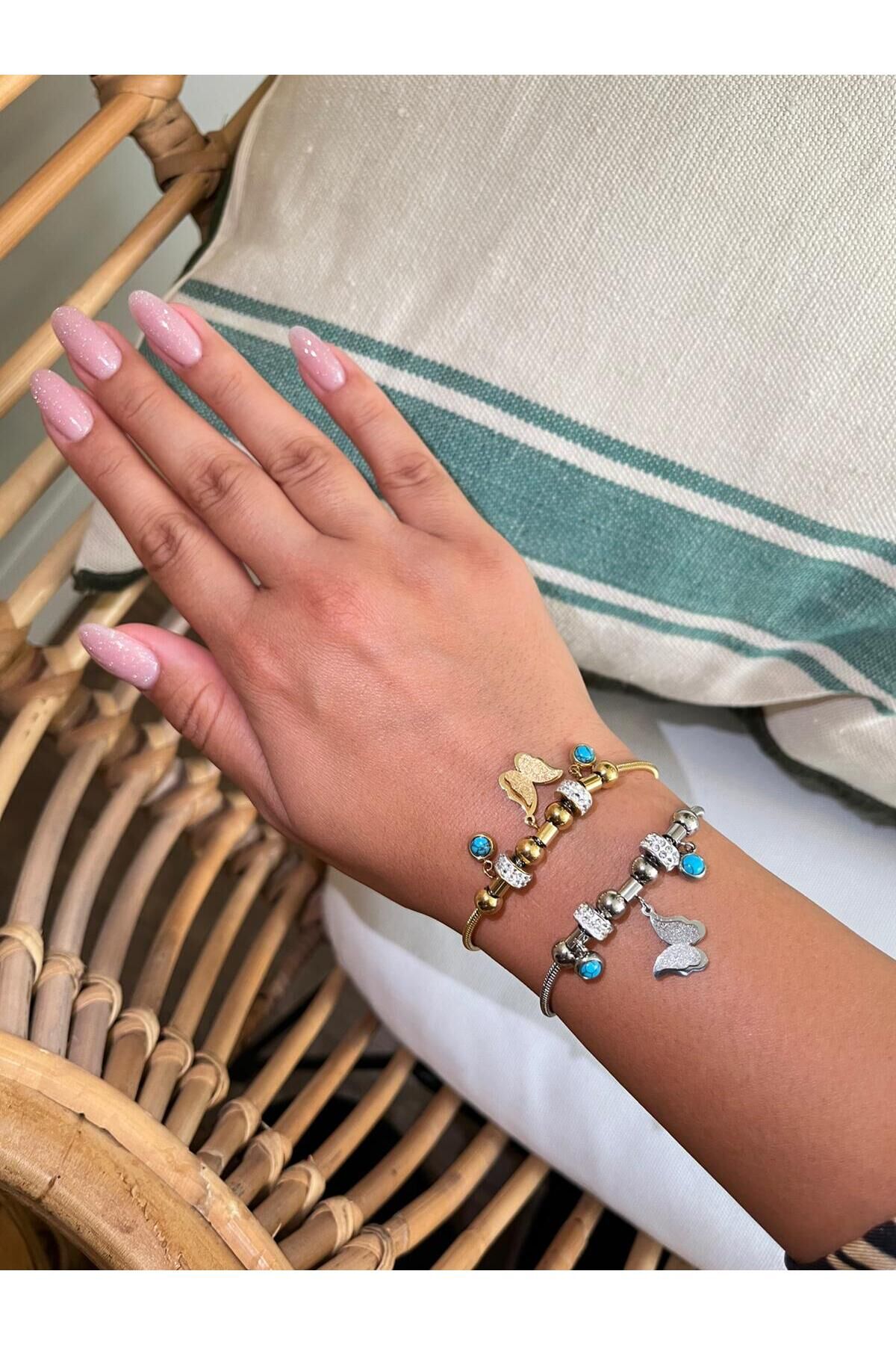 Çelik Silver Kelebek  charmlı kadın bileklik Sarı - Standart
