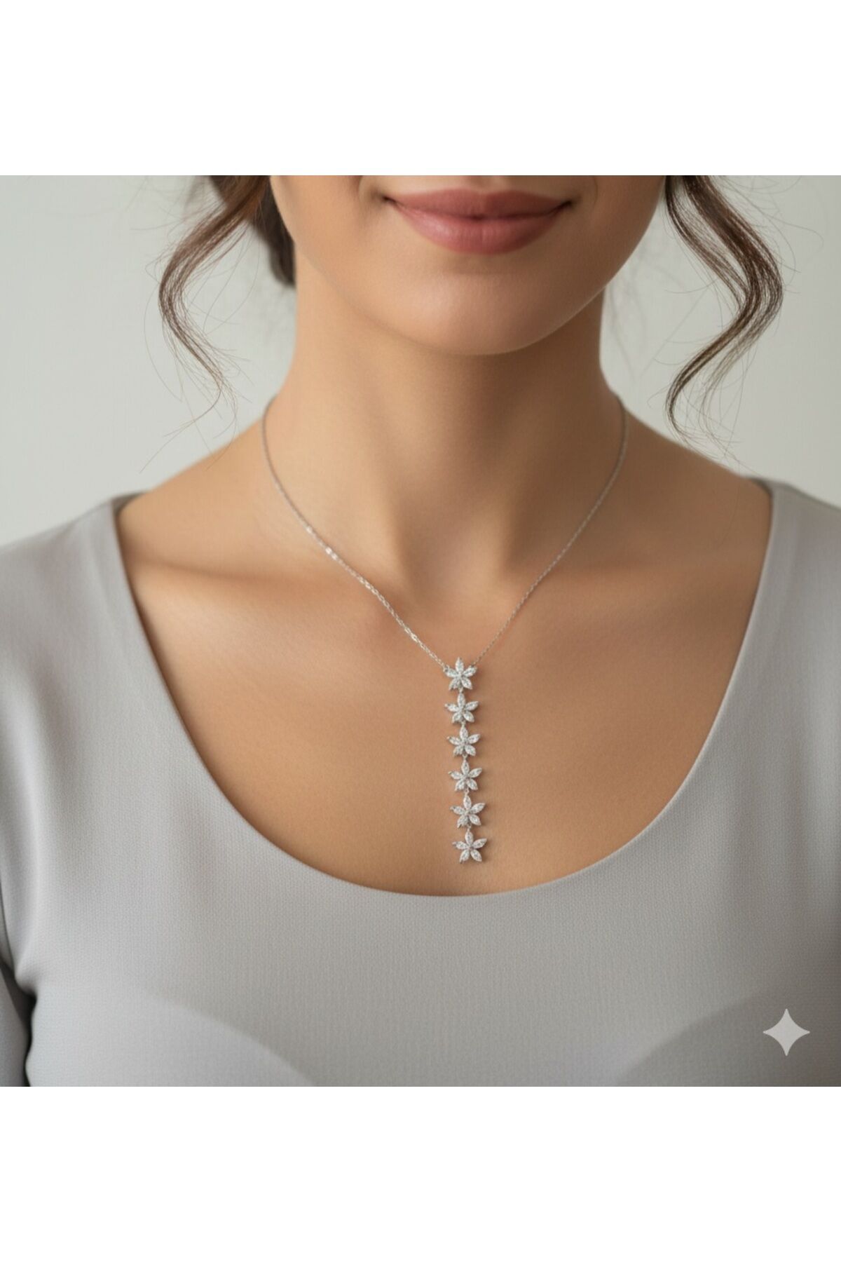Silver Çiçelki   Y kolye Gri - 40-45