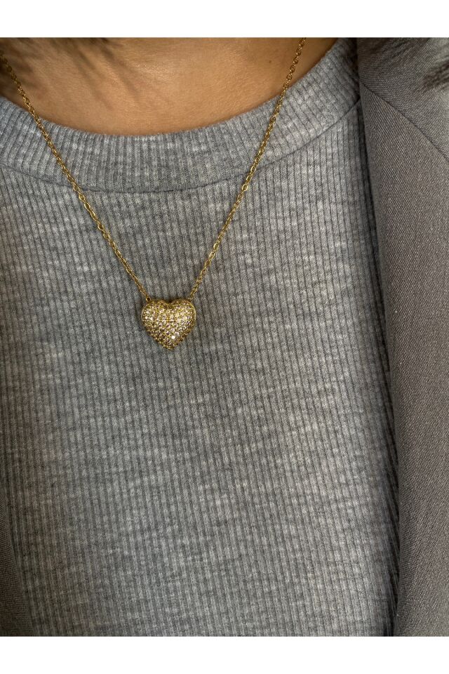 Çelik  Gold Kabartmalı kalpli kolye Sarı - 44-45
